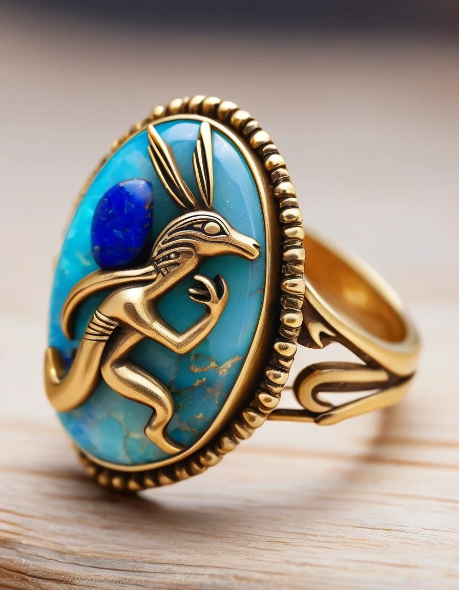 Indian flute player Kokopelli minimalist abstract ring design，The main stone is an oval opal，Indian elements，The matching stones are small amounts of lapis lazuli and turquoise，Clams，bead，gem，Retro，Old，Soft Light