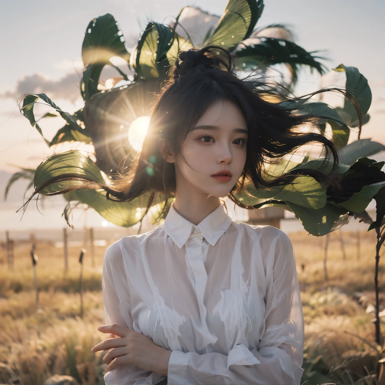 highest quality,masterpiece,Ultra-high resolution,Realistic,RAW Photos,unity 8k wallpaper, Panorama, Cinematic lighting,
On the grass, sunset, Dappled Sunshine, Golden Hour Lighting, Backlight, Blurred Background, (Lens flare), Wind, pastel colour, Soft Light,
1 Girl,Floating short hair, elegant, Upper Body,