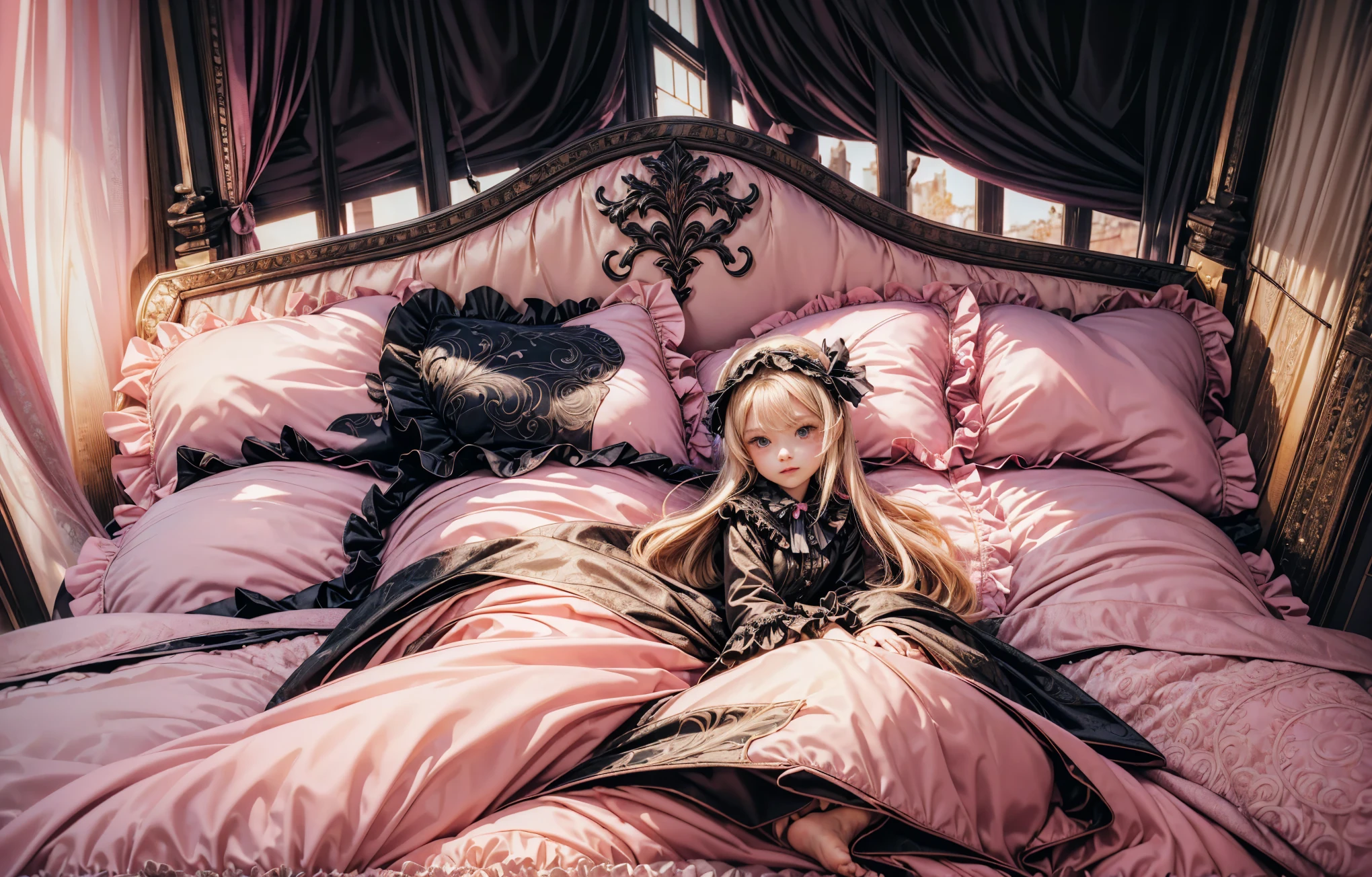 ,highest quality, masterpiece, Highest Resolution, artwork, super それにGet used to it, many Get used to it, Get used to it, それにGet used to it, ,(( 10 year old girl)),Super detailed baby face,high quality small face,Long blonde hair,blue eyes,白い肌のEuropean,pajamas, European,Curly Hair,blue eyes,((((ピンクのロリータファッションのLong skirtのワンピースドレス)))),((フリルとリボンがたっぷりついたピンクと黒のの可愛らしいpajamas)),((A gorgeous pink and black headdress with frills and ribbons)),Detailed headdress,,(((Large yoke collar))),Yoke collar with ruffles and bow,((((Long sleeve)))),Ruffle sleeves,((((Long skirt)))),Pink and black pillow with big ruffles and ribbons,(((Nice pink outfit))),豪華なCanopy bedの上,Canopy bed,The bed is surrounded by luxurious curtains.,There are lots of pink and black frilly pillows on the bed,Behind the girl are a number of pink and black frilly pillows...,Highly detailed background,Detailed bed,Soft pink and black comforter,Very fine soft frilly pillow,Beautiful girl illustration,Beautiful face in every detail,Thinning hair,Detailed eyes ,Detailed eyess,Mouth details, Arm details,Beautiful Hands,Detailed pillow,Large bed,Illustration on the bed, ,((((Round futon)))),((((A large pink and black ruffled quilt covers the entire bed.)))),Detailed comforter,Detailed bedシーツ,Before bedtime,Romantic atmosphere,Palace Bedroom,((((The lower half of the body is hidden under a large blanket.....)))) The girl is leaning against a pile of pillows, ,((((Round futon)))),((((A large pink and black ruffled quilt covers the entire bed.)))),