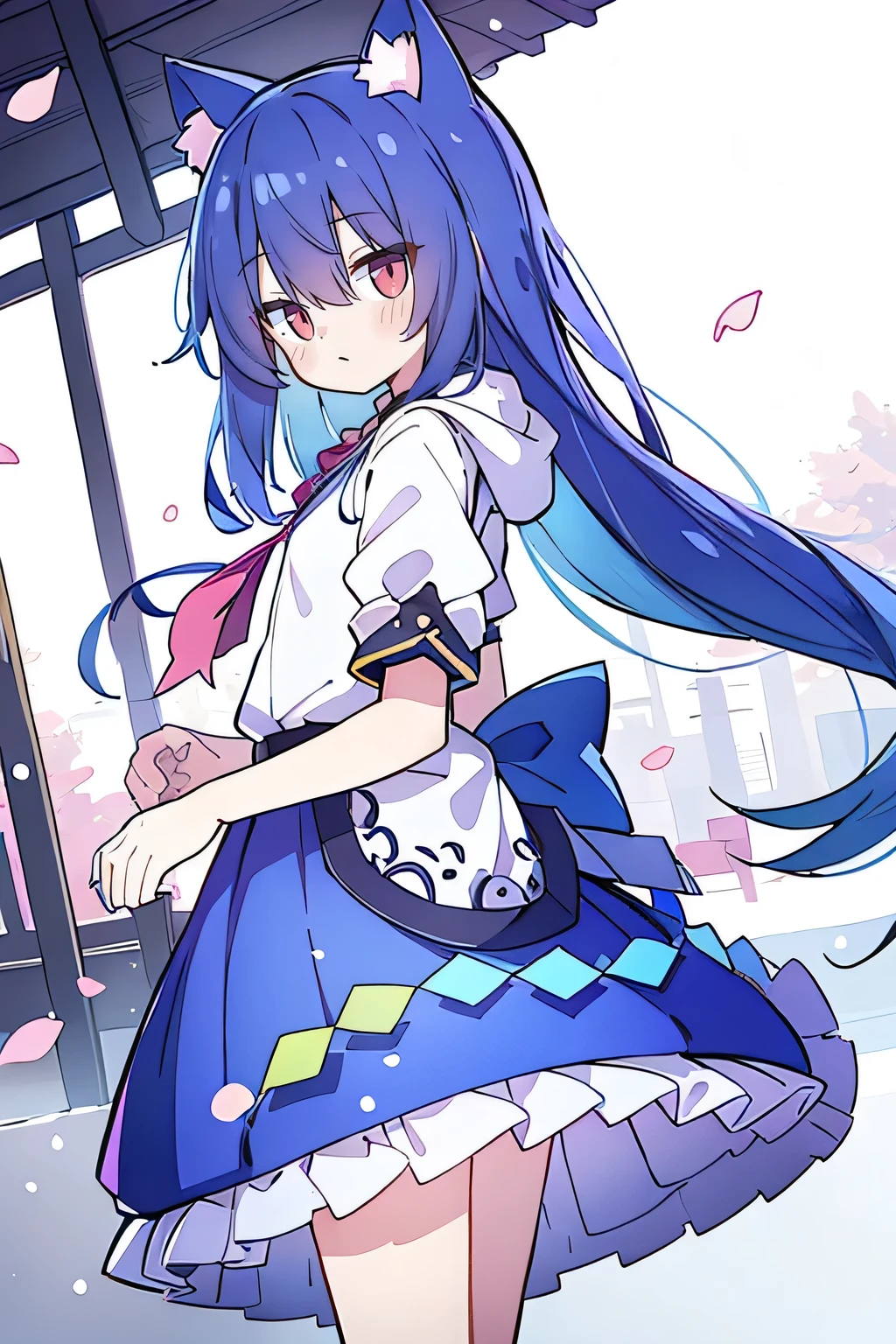 (masterpiece:1.2),Super detailed,lifelike,Expressive eyes,fair skin,perfect face shape,1 girl,
Japanese comics,Gorgeous blue hair,flowing blue hair,flowing clothes,Cat ears,Petals fall,beautiful lola,Baby Angel,
Shaking head with one hand,Cross your legs,Gentle and peaceful background,The pavilion is cool and comfortable,smile, wearing hoodie, background of tokyo,back views,snowing, winter.