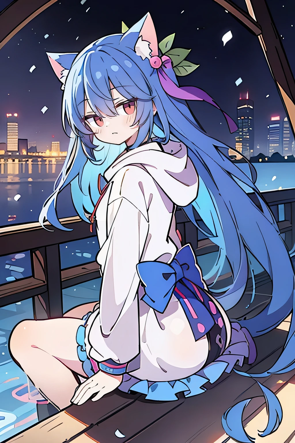 （masterpiece：1.2），Super detailed，lifelike，Expressive eyes，fair skin，perfect face shape，1 girl，
Japanese comics,Gorgeous blue hair,flowing blue hair,flowing clothes,Cat ears,Petals fall,beautiful lola,Baby Angel,
Shaking head with one hand，Cross your legs，Gentle and peaceful background，The pavilion is cool and comfortable,smile, wearing hoodie, background of tokyo,back views,snowing, winter.