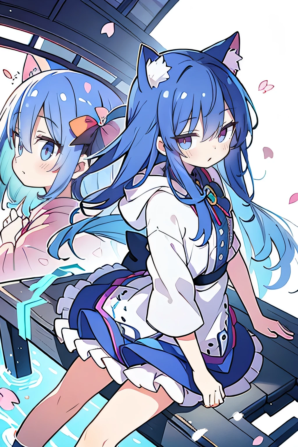 （masterpiece：1.2），Super detailed，lifelike，Expressive eyes，fair skin，perfect face shape，1 girl，
Japanese comics,Gorgeous blue hair,flowing blue hair,flowing clothes,Cat ears,Petals fall,beautiful lola,Baby Angel,
Shaking head with one hand，Cross your legs，Gentle and peaceful background，The pavilion is cool and comfortable,smile, wearing hoodie, background of tokyo,back views,snowing, winter.