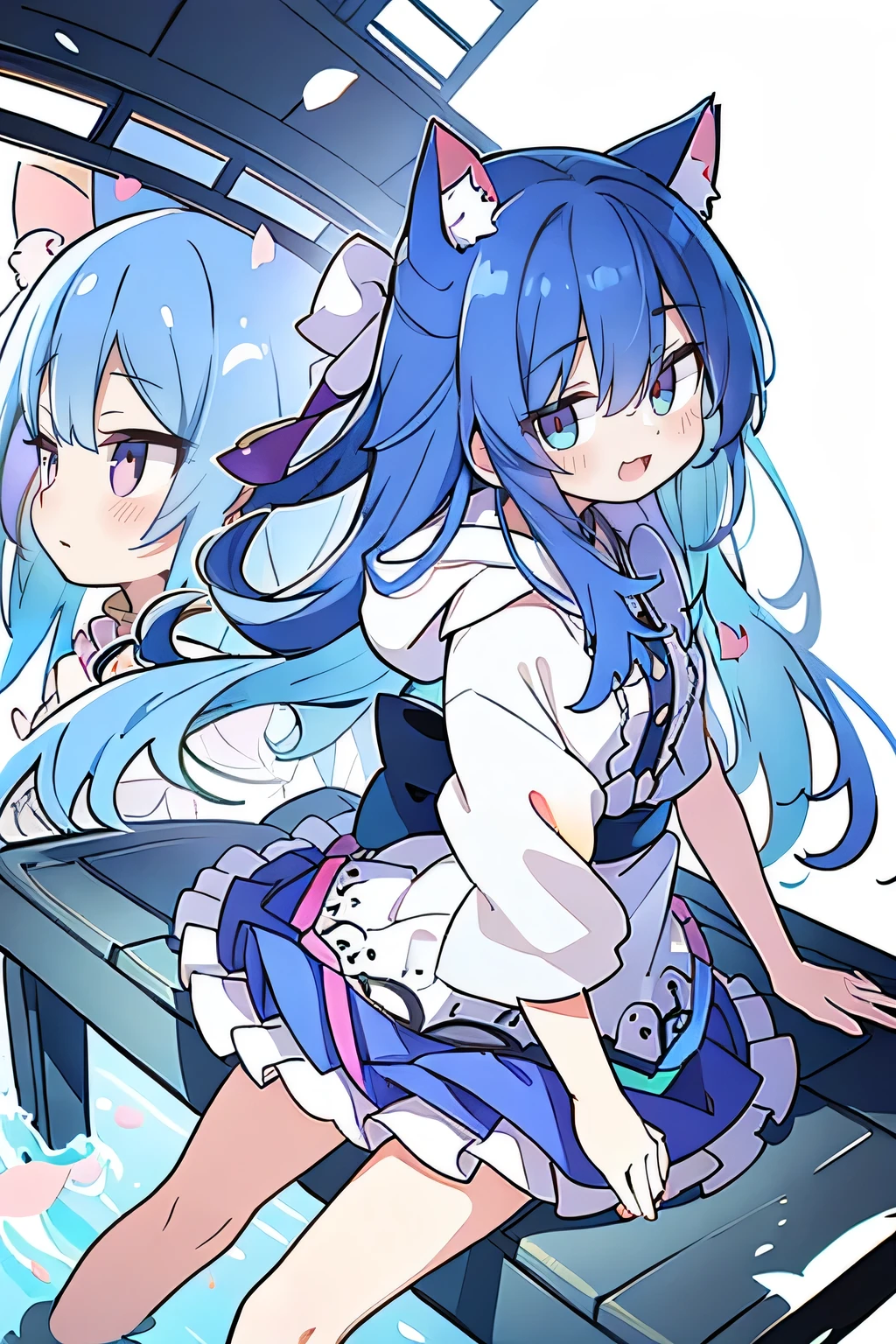(masterpiece:1.2),Super detailed,lifelike,Expressive eyes,fair skin,perfect face shape,1 girl,
Japanese comics,Gorgeous blue hair,flowing blue hair,flowing clothes,Cat ears,Petals fall,beautiful lola,Baby Angel,
Shaking head with one hand,Cross your legs,Gentle and peaceful background,The pavilion is cool and comfortable,smile, wearing hoodie, background of tokyo,back views,snowing, winter.