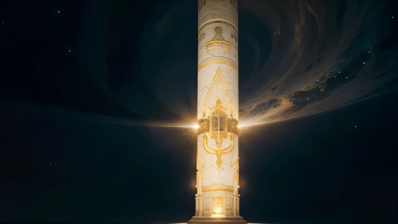 In the vast space of the universe，A magnificent cosmic pillar gradually emerges，Directly to the upper and lower poles of the universe，No end in sight，The pillars are enveloped in a layer of white light.，Ancient oracle bones flow on the surface，Looming。Near the top of the Cosmic Pillar，The highest spirit is suspended in the air，He is tall and handsome，Blonde black short hair shines with golden light，Wearing a loose white robe，A mysterious conversation with the cosmic pillar。Close-up shot，Overlooking，Because God is at the top，Showing God&#39;s side profile，whole body，Barefoot，God is on the left，The Cosmic Pillar is on the right