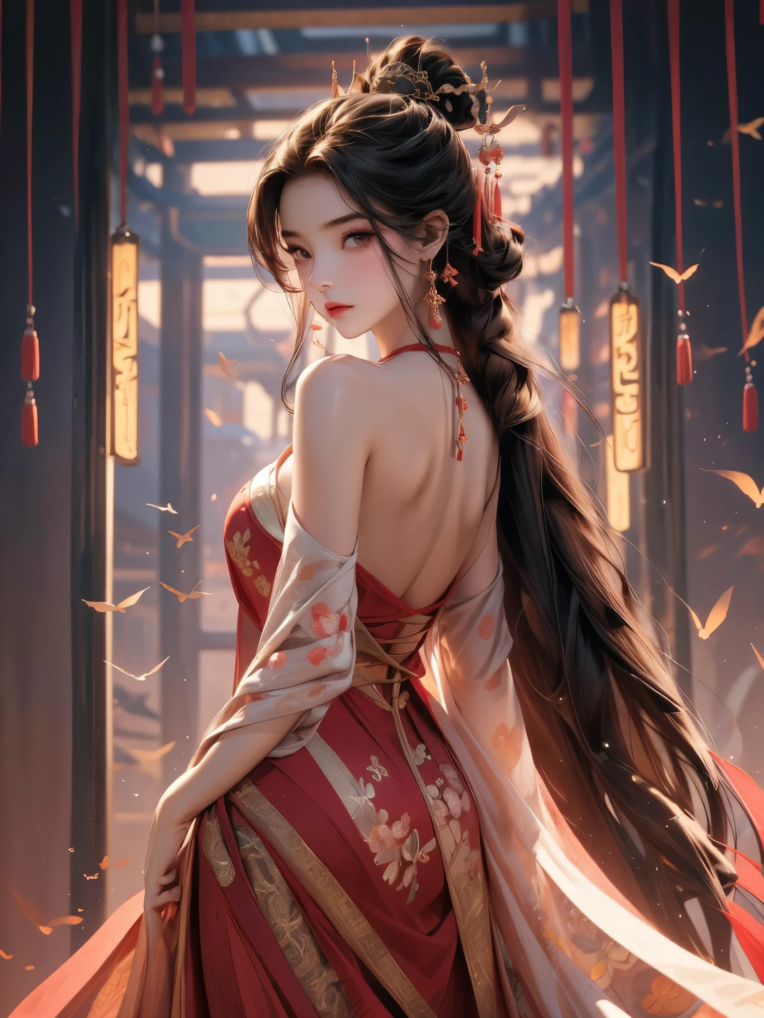 Gentle and lovely Chinese beauty, Exquisite and sexy clavicle, Charming goose egg face, Double eyelids, Bright peach blossom eyes, upper eyes, Pink lips, Small upturned nose, Bare shoulders, Plump buttocks, Beautiful long legs, focused face, Close-up of face, Ultra HD, Super Detail, Full body image, Ultra-thin and light-transmissive, optimal ratio: four fingers and one thumb, Horse Face Skirt, Redcoat, Octane Render