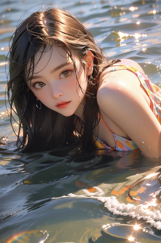 Best quality, masterpiece, ultra high res, (photorealistic:1.4), raw photo, (RAW photo, best quality), (realistic, photo-realistic:1.3), extremely delicate and beautiful, Amazing, finely detail, masterpiece, ultra-detailed, highres,best illustration, best shadow,intricate,depth of field, sharp focus, volumetric fog, 8k UHD, DSLR, high quality,( film grain:1.4),
1 Girl, white skin, long hair with slight curls, detailed beautiful big eyes, exquisite features, features details, (small breasts:1.2), futuristic fashion cool clothes, perfect body,
beautiful lighting, (rainbow_one:1.2), full body, (looking at viewer:1.2)
A girl in a light colored dress stood in a clear lake with a visible bottom. She smiled, her hands gently gliding in the water, causing ripples that shimmered with broken reflections in the sunlight.
The girl had bright eyes and long hair draped over her shoulders and the lake surface, blown by the breeze and brushing lightly over her cheeks.
Golden hour makes everything warm and romantic
a beautiful woman, golden hour, rim lighting, warm tones, sun flare, soft shadows, vibrant colors, hazy glow, painterly effect, dreamy atmosphere