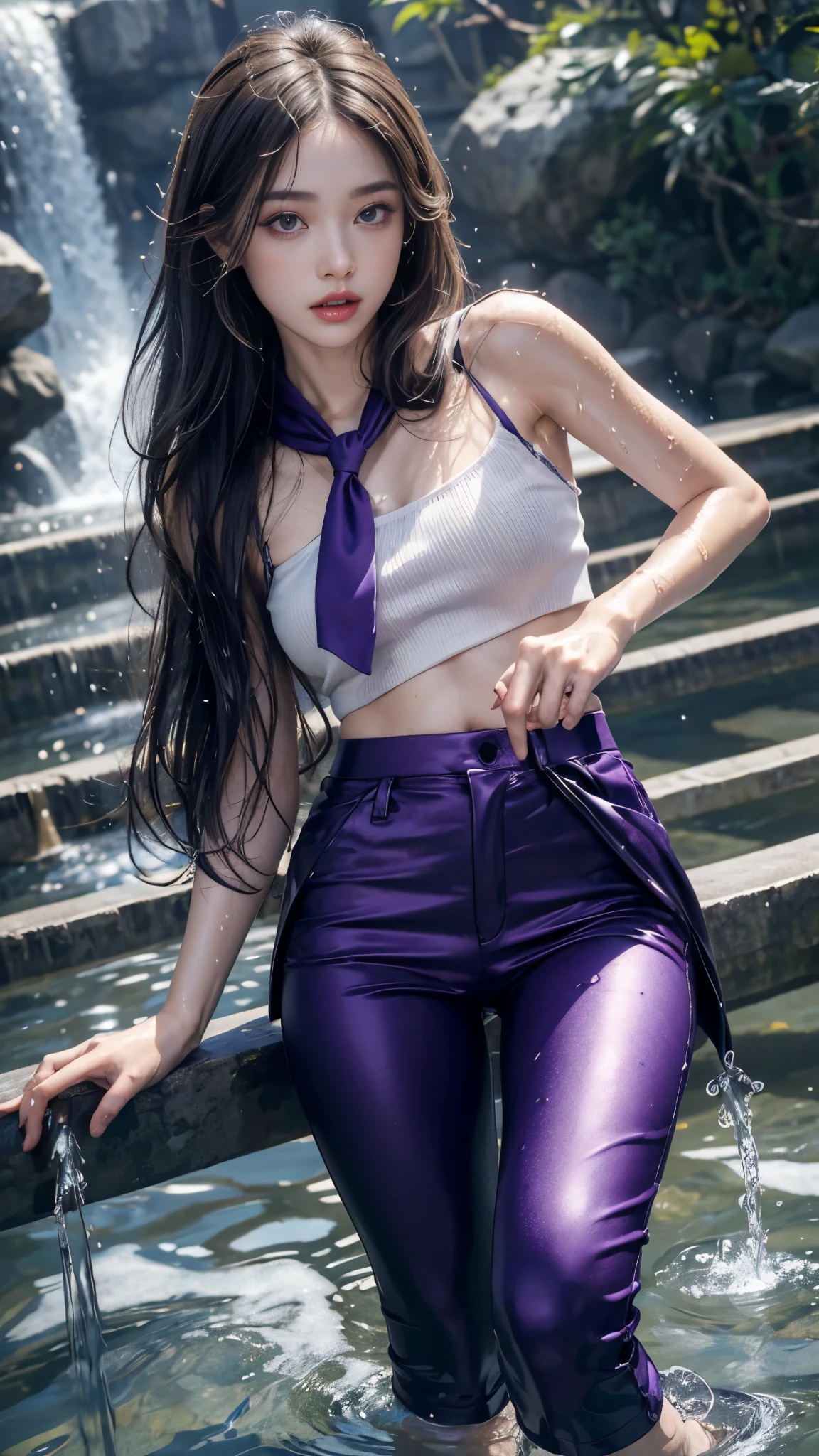 8k, masterpiece, 1 girl, beautiful face, very long hair, light makeup, (wet skin:1.3), detailed eyes, detailed lips, small bust, short jacket, wet purple vest, ((plain mini skirt)), ((under pants)), ((bare thigh)), straps clothing, (water falling:1.4), steam effect, water vapour,