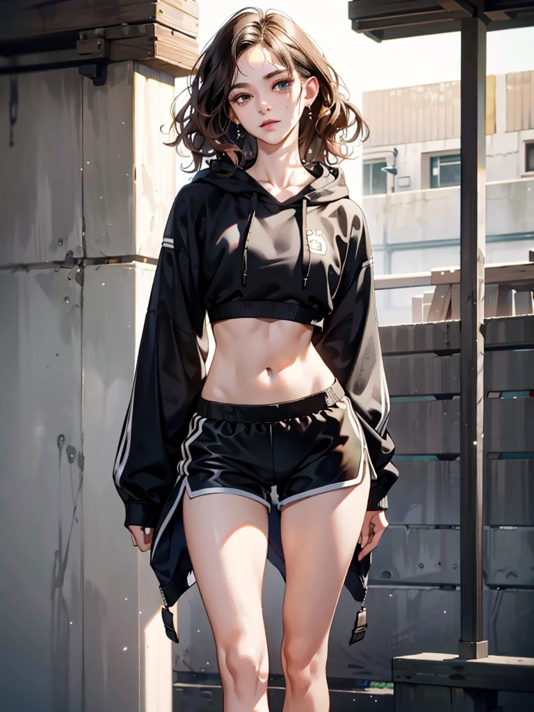 absurdres, RAW photo, extremely delicate and beautiful, masterpiece, Best Quality, ultra high resolution, 32k, hyperrealistic, ultra-detailed, perfect anatomy, anatomically correct, perfect figure, super Detailed skin, 20 years old, very Slim body, narrow waist, very small head, very small face, delicate facial features, detailed face, detailed eyes, tearful mole, earring, thin legs, bare legs, very huge round breasts, short medium hair, ((wavy hair)), wet clothes, tracksuit shorts, Lightweight hoodie, crop top,