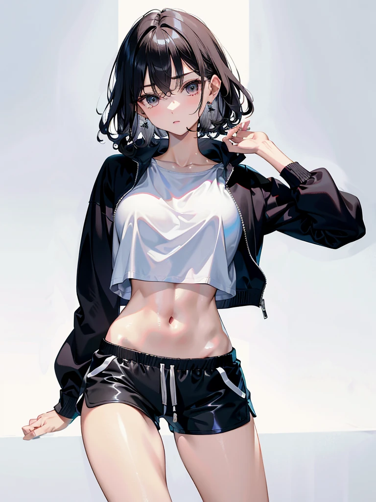 absurdres, RAW photo, extremely delicate and beautiful, masterpiece, Best Quality, ultra high resolution, 32k, hyperrealistic, ultra-detailed, perfect anatomy, anatomically correct, perfect figure, super Detailed skin, 20 years old, very Slim body, narrow waist, very small head, very small face, delicate facial features, detailed face, detailed eyes, tearful mole, earring, thin legs, bare legs, very huge round breasts, short medium hair, ((wavy hair)), wet clothes, tracksuit shorts, Lightweight hoodie, crop top,