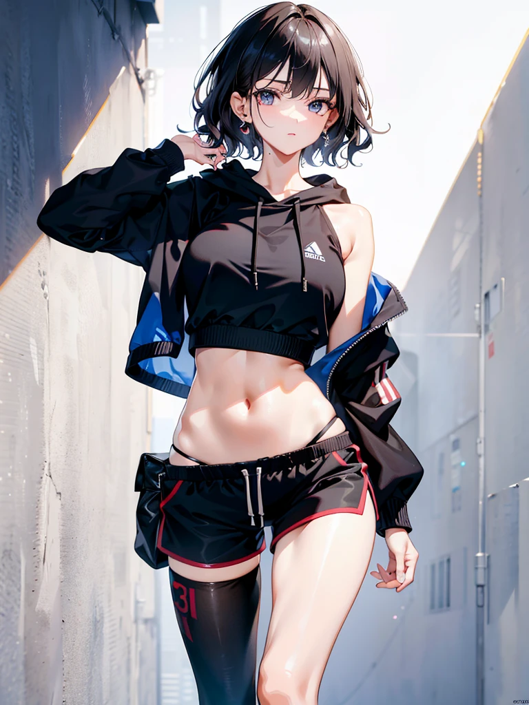 absurdres, RAW photo, extremely delicate and beautiful, masterpiece, Best Quality, ultra high resolution, 32k, hyperrealistic, ultra-detailed, perfect anatomy, anatomically correct, perfect figure, super Detailed skin, 20 years old, very Slim body, narrow waist, very small head, very small face, delicate facial features, detailed face, detailed eyes, tearful mole, earring, thin legs, bare legs, very huge round breasts, short medium hair, ((wavy hair)), wet clothes, tracksuit shorts, Lightweight hoodie, crop top,