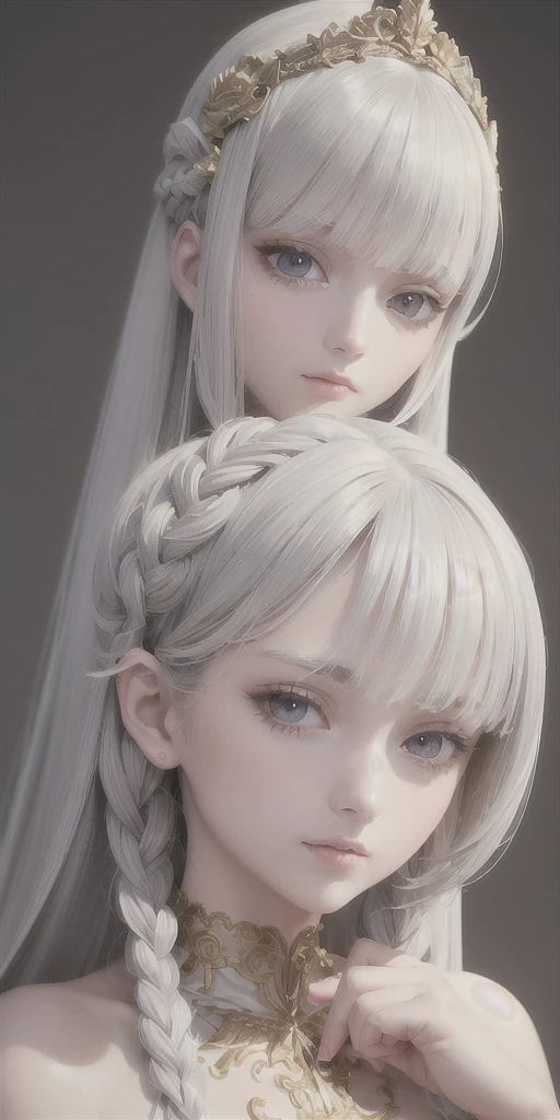 best quality, masterpiece,gray hair, golden eyes,white clothes, search,hair,fair skin,side braids,,(very detailed),(Really delicate and beautiful face),(detailed beautiful eyes),big bust