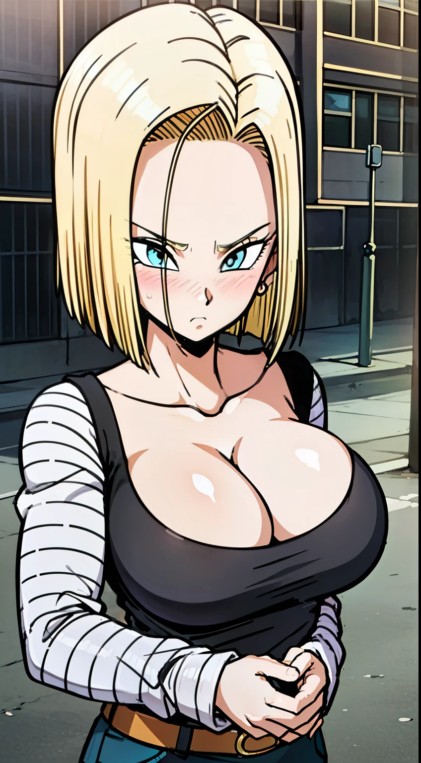 bed room, 1girl, focus on face, close-up on face, extreme big breasts, 1boy, hetero,sex, android 18, blonde hair, short hair, blue eyes, full nude, completely nude, full of sweat, oiled body, spread legs, raise arms, ahegao, screaming, smile, cum in pussy, cum