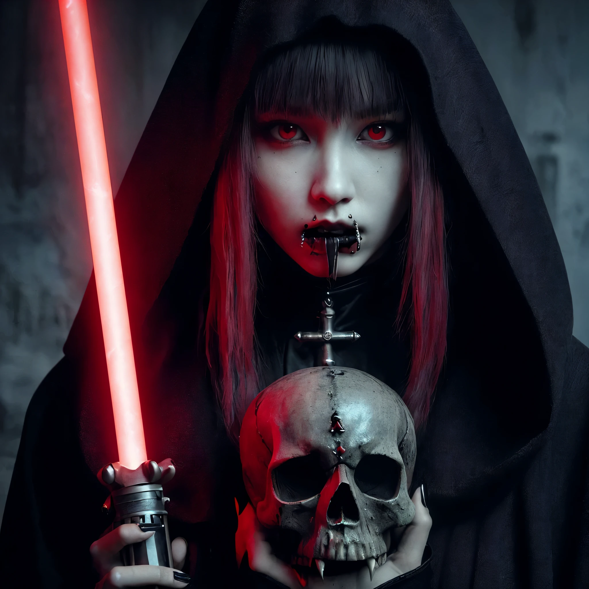 (very sharp result, full body desaturated photo) (((textile shading))), (((Best Quality))), (((masterpiece))) (((hyper realistic photo))) in starwars universe, dark atmosphere, backlight shoot body sith lordes japanese girl in black cult hoodie pale skin, vampire look no makeup, piercings, mysterious sinister with bright red eyes (she is holding ritual skull & red lighsaber) red hair, dark castle, source light only from her red saber, horror feel mood gritty atmosphere,4K