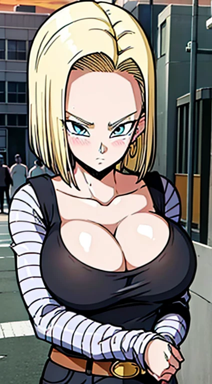 masterpiece, detailed face, 
android 18,  buu saga, , 1girl, solo, looking at viewer, short hair, blue eyes, blonde hair, collarbone, 
(City),( street),(sunset),((huge tits:1.2)),cleavage, upper body,  hovering, 
midair, 
black shirt, long sleeves, striped sleeves, hoop earrings, shoes, orange socks, belt, high waist pants,( embarrassed :1.3),(blush)