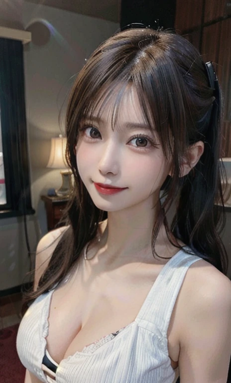 (Raw photo:1.2)、highest quality、Beautiful detailed girl、Rubbing your chest yourself、 From below、Twin tails、Brown Hair、Huge breasts、smile、Highly detailed eyes and face、Beautiful fine details、Large file size、High resolution、8k wallpaper details、Highly detailed Ticker Uniform 8K Wallpaper、Light on the face、Cinema Lighting、20-year-old female、Sexy pose、(Photorealism:1.4)、figure、Super Detail、Masterpiece