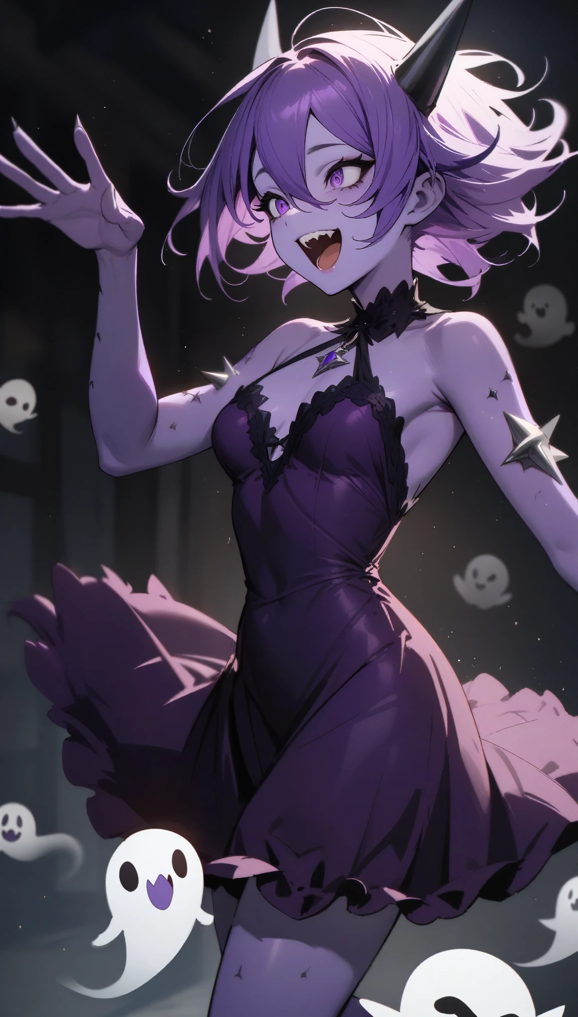 Ghost, (monster Girl), Purple skin, spike, Spiky purple hair, Caught Laughter, Floating Hand, Wearing a deep purple dress, Floating in the air, masterpiece, highest quality