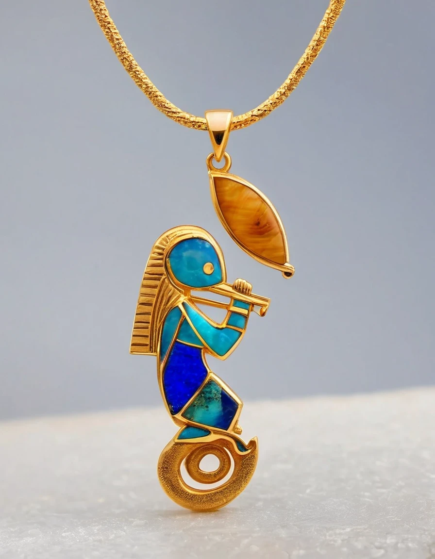 The minimalist pendant design of Kokopelli, the Indian rain god, man playing the flute,The main stone is an irregular opal,Indian elements,The matching stones are small amounts of lapis lazuli and turquoise,Clams,bead,gem,Retro,Old,Soft Light