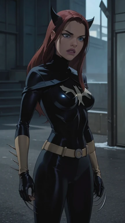 (best quality), (high detail), (perfect body), (marvel comics), (x-23), (wolverine), (Laura Kinney), (1girl), (the xmen), beautiful X-23 from marvel comics, (marvel), (superhero), HDR, 4k, 3D ,red hair,crystal blue eyes