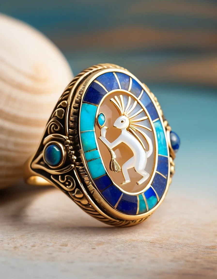 A minimalist ring design with the image of the Indian god Kokopelli, who plays the flute,The main stone is an oval opal,Indian elements,The matching stones are small amounts of lapis lazuli and turquoise,Clams,bead,gem,Retro,Old,Soft Light