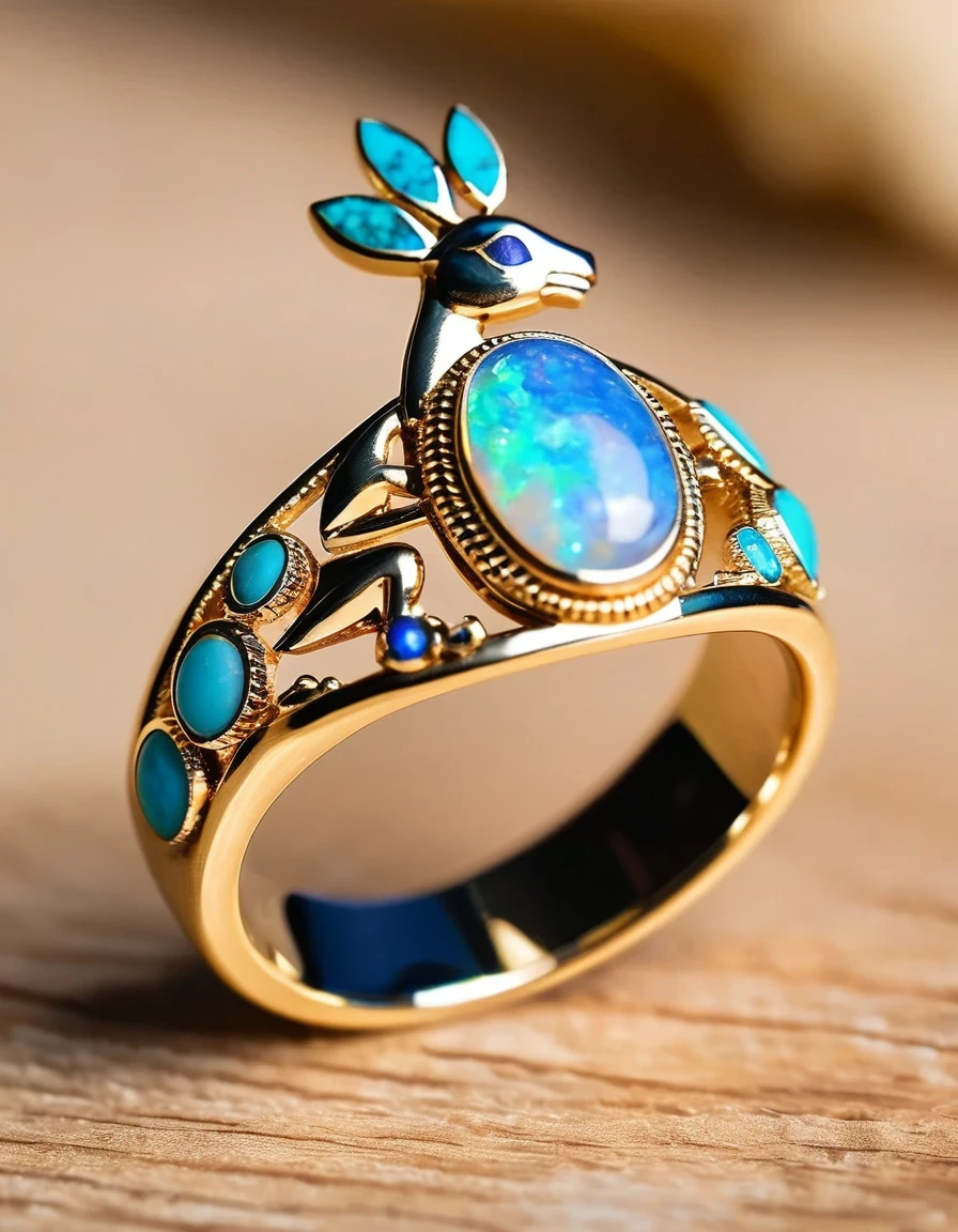 A minimalist ring design with the image of the Indian god Kokopelli, who plays the flute,The main stone is an oval opal,Indian elements,The matching stones are small amounts of lapis lazuli and turquoise,Clams,bead,gem,Retro,Old,Soft Light