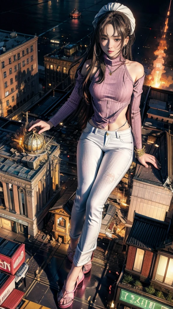 (32k, High resolution, highest quality, masterpiece, 超High resolution), ((Giantess Elements, Typhoon heavy rain)), From above, Perfect dynamic composition:1.2, (Modern city at night, Expressions of sadness:0.7), Highly detailed skin and facial textures:1.2, (Towering Giant Young Woman:1.0, Higher than skyscrapers:1.0, 65,000 feet high:1.0, Incredibly slim body:1.0), Fair skin, Sexy beauty, Very beautiful face, , Water droplets on the skin, (The rain drips down on my body:0.5, Wet body:0.5, Wet Hair:0.5), (Wet white linen pants:1.0, Wet pink turtleneck sweater:1.0), Shapely breasts, Chest gap, Big eyes that exude beautiful eroticism, Lips that exude beautiful eroticism, necklace, Earrings, bracelet, wedding ring, Shoulder bag, clock, ribbon, High heels, Full body portrait, ((Destroy a small city, Burning Small Town, rubble, Destroyed small building, Collapsed highway, Evacuated Residents)), (Major impact, Emphasizing the majesty and power of giants, Increase the destructive element, Lower the building, Making cities smaller)