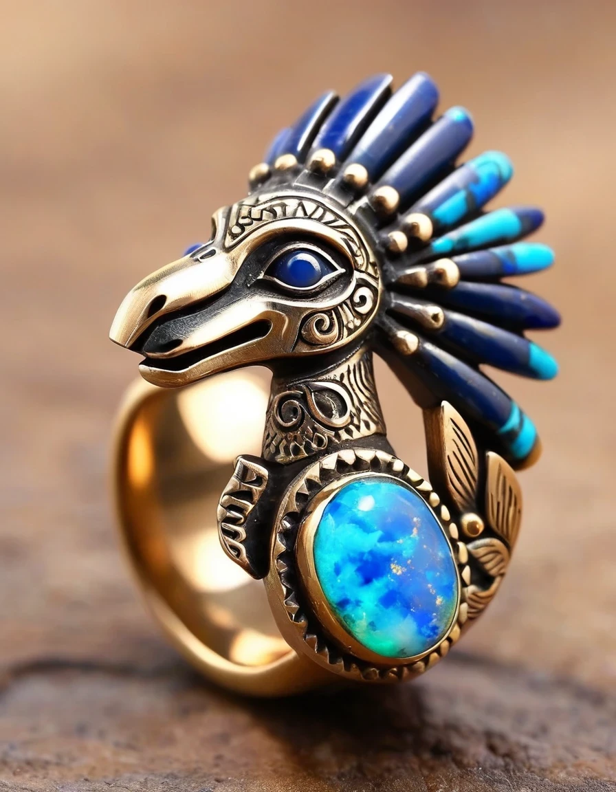 The minimalist ring design of the Indian totem god Kokopelli， man playing the flute，The main stone is an irregular opal，Indian elements，The matching stones are small amounts of lapis lazuli and turquoise，Clams，bead，gem，Retro，feather，Old，Soft Light