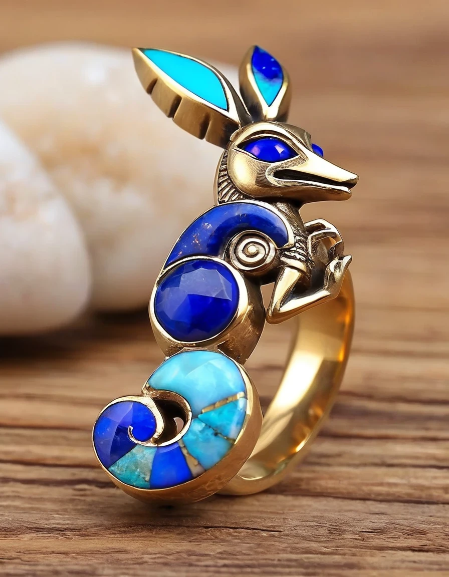 The minimalist ring design of the Indian totem god Kokopelli，Little man playing the flute，The main stone is an irregular opal，Indian elements，The matching stones are small amounts of lapis lazuli and turquoise，Clams，bead，gem，Retro，feather，Old，Soft Light