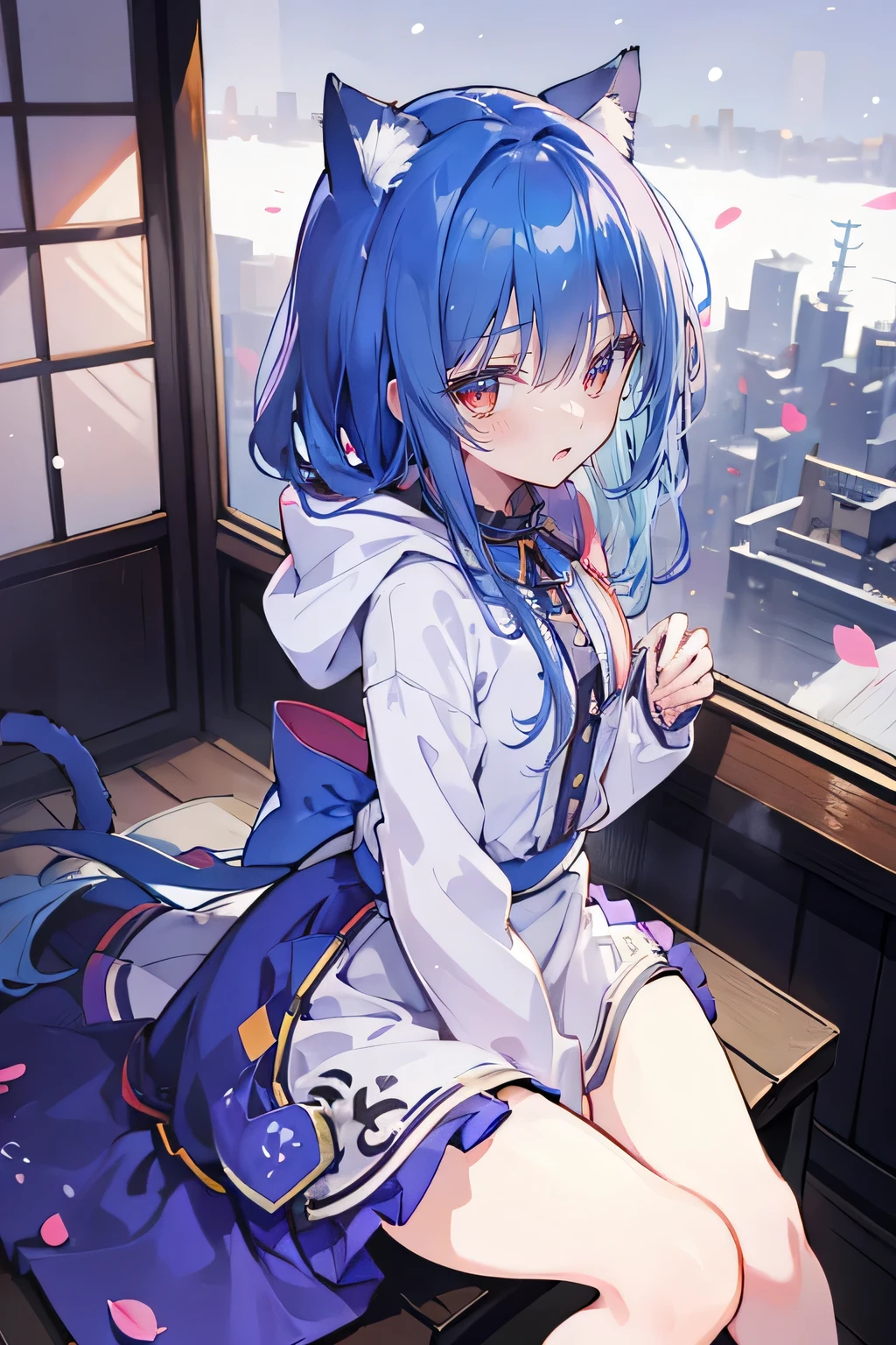 （masterpiece：1.2），Super detailed，lifelike，Expressive eyes，fair skin，perfect face shape，1 girl，
Japanese comics,Gorgeous blue hair,flowing blue hair,flowing clothes,Cat ears,Petals fall,beautiful lola,Baby Angel,
Shaking head with one hand，Cross your legs，Gentle and peaceful background，The pavilion is cool and comfortable,smile, wearing hoodie, background of tokyo,back views,snowing, winter.