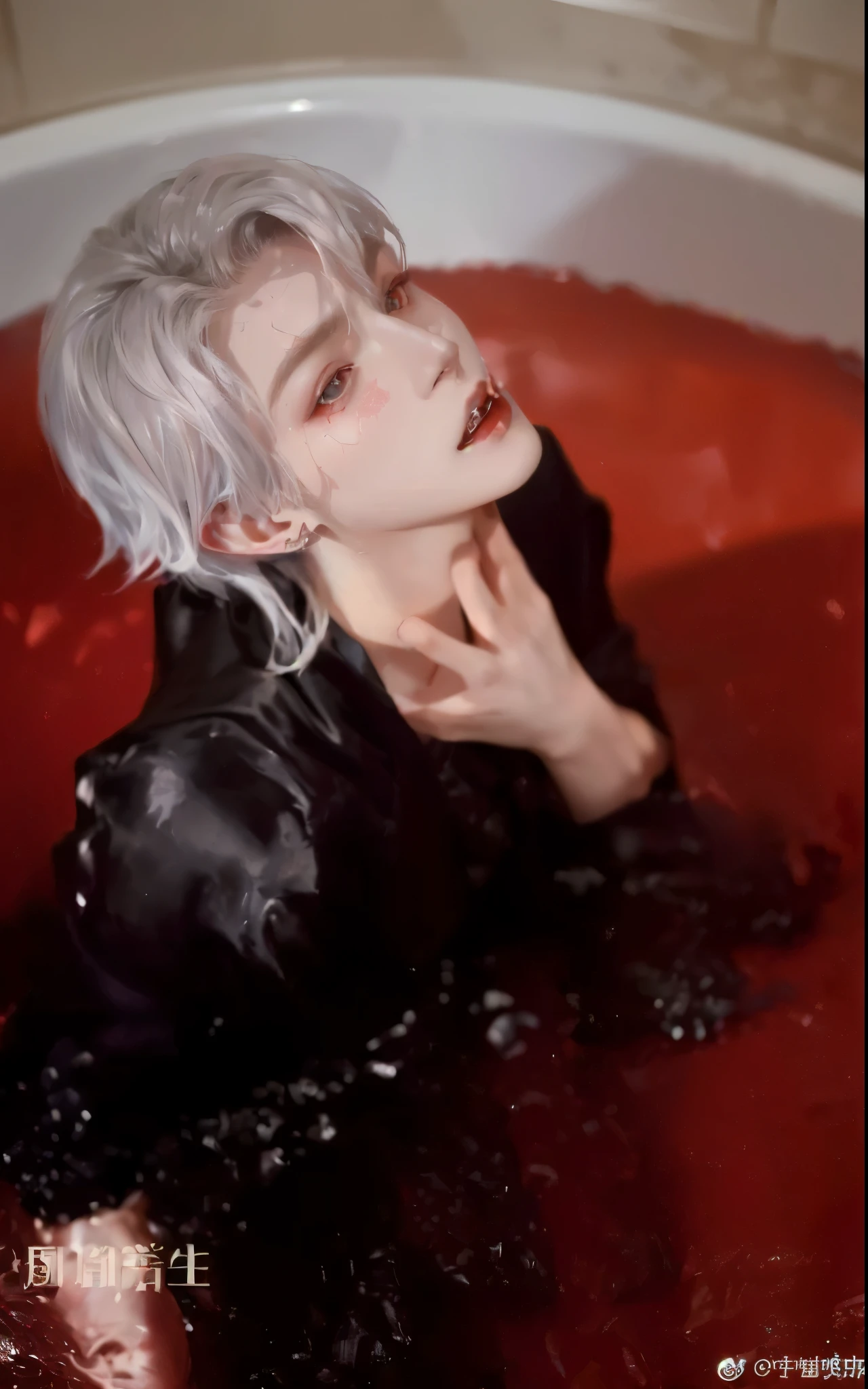 a closeup of a person in a bathtub with a red substance, cai xukun, xqc, goteo de piel, androgynous vampire, johan liebert mezclado con dante, Ken Kaneki, cubierto de baba roja, johan liebert mezclado con alucard, de pie en un charco de sangre, inspirado en Yanjun Cheng, v del diablo puede llorar como un elfo