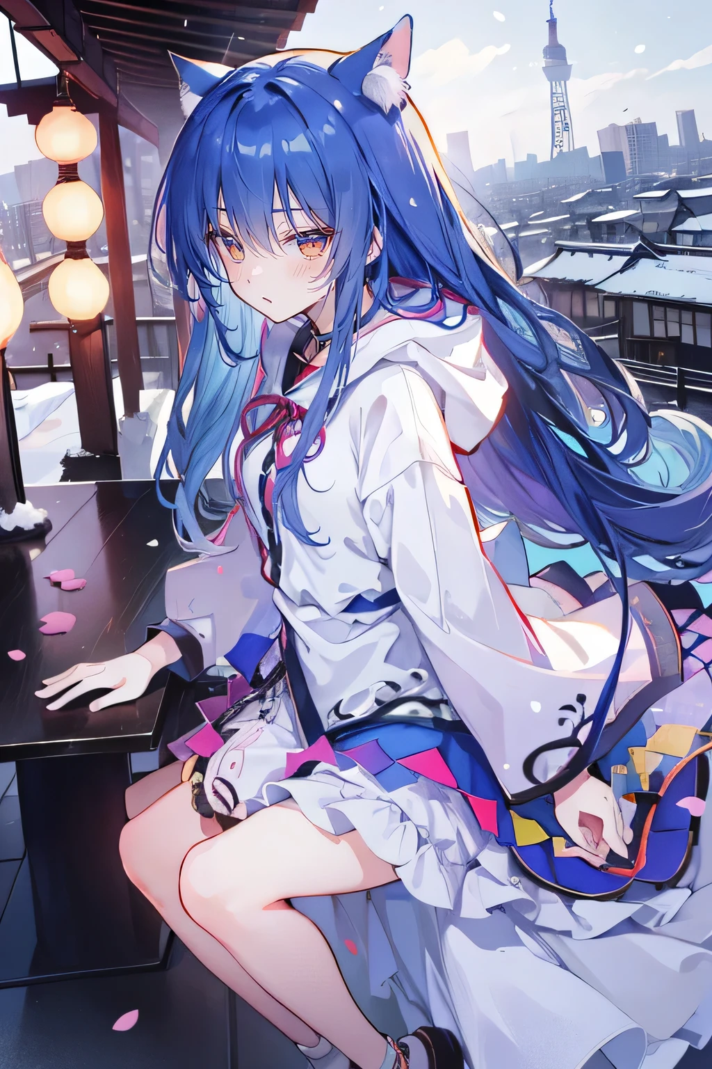 (masterpiece:1.2),Super detailed,Practical,expressive eyes,Fair skin,Perfect face shaping,1 Girl,
Japanese cartoons,Gorgeous blue hair, the long flowing blue hair,Floating clothes,Cat ears,Petals falling,beautiful lola,Young Angel,
Hands on waist,sit elegantly on the ground,Cross your legs,Gentle and peaceful background,Cool and cozy pavilion,Sunset,