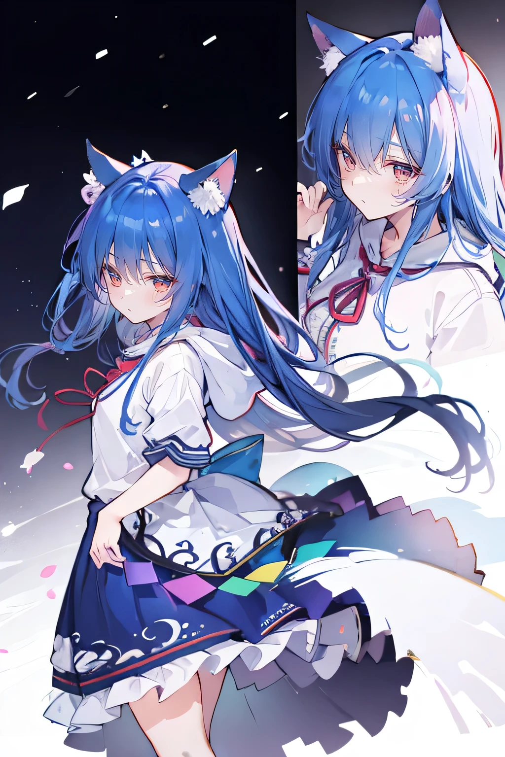 (masterpiece:1.2),Super detailed,lifelike,Expressive eyes,fair skin,perfect face shape,1 girl,
Japanese comics,Gorgeous blue hair,flowing blue hair,flowing clothes,Cat ears,Petals fall,beautiful lola,Baby Angel,
Shaking head with one hand,Cross your legs,Gentle and peaceful background,The pavilion is cool and comfortable,smile, wearing hoodie, background of tokyo,back views,snowing, winter.