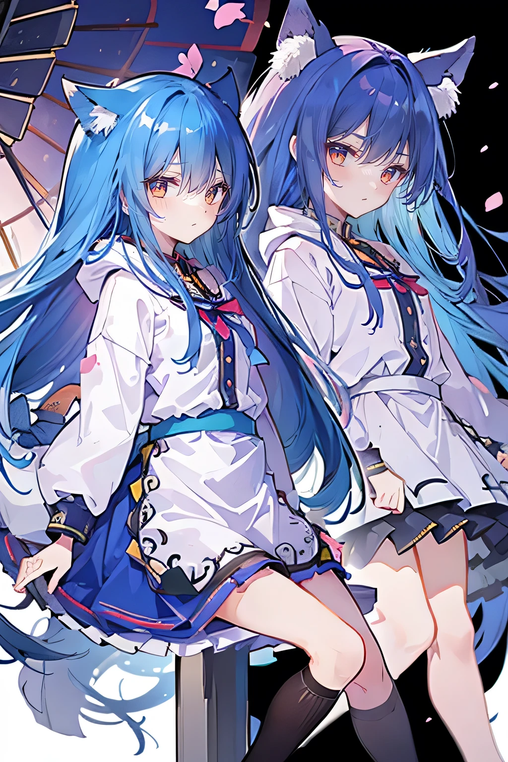 （masterpiece：1.2），Super detailed，lifelike，Expressive eyes，fair skin，perfect face shape，1 girl，
Japanese comics,Gorgeous blue hair,flowing blue hair,flowing clothes,Cat ears,Petals fall,beautiful lola,Baby Angel,
Shaking head with one hand，Cross your legs，Gentle and peaceful background，The pavilion is cool and comfortable,smile, wearing hoodie, background of tokyo,back views,snowing, winter.