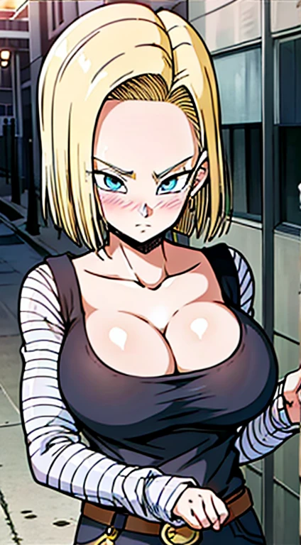 masterpiece, detailed face,
android 18, buu saga, , 1girl, solo, looking at viewer, short hair, blue eyes, blonde hair, collarbone,
(City),( street),(sunset),((huge tits:1.2)),cleavage, upper body, hovering,
midair,
black shirt, long sleeves, striped sleeves, hoop earrings, shoes, orange socks, belt, high waist pants,( embarrassed :1.3),(blush:1.2)