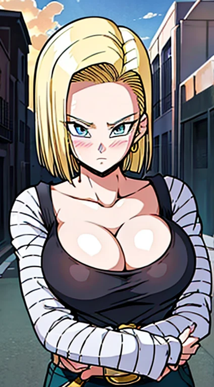 masterpiece, detailed face, 
android 18,  buu saga, , 1girl, solo, looking at viewer, short hair, blue eyes, blonde hair, collarbone, 
(City),( street),(sunset),((huge tits:1.2)),cleavage, upper body,  hovering, 
midair, 
black shirt, long sleeves, striped sleeves, hoop earrings, shoes, orange socks, belt, high waist pants,( embarrassed :1.3),(blush:1.2)