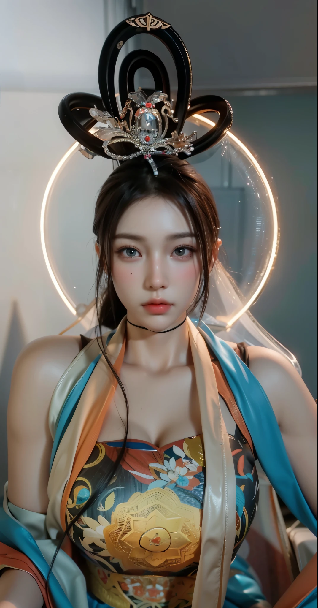 Realistic、(masterpiece、Highest quality、Highest quality、Official Art、beautifully、aesthetic:1.2)、Symmetrical face，Very detailed、woman，日本人woman，colorful、The finest details、Tangled、(The background is bright and abstract:1.5)、Bright Eyes、Back to all、Masseter region，High resolution，Idol、clavicle、photograph、movie、Eyes from below，Long Hair，View your audience、Cleavage，((surrealist clothes:1.4))，Puffy eyes，((sit))