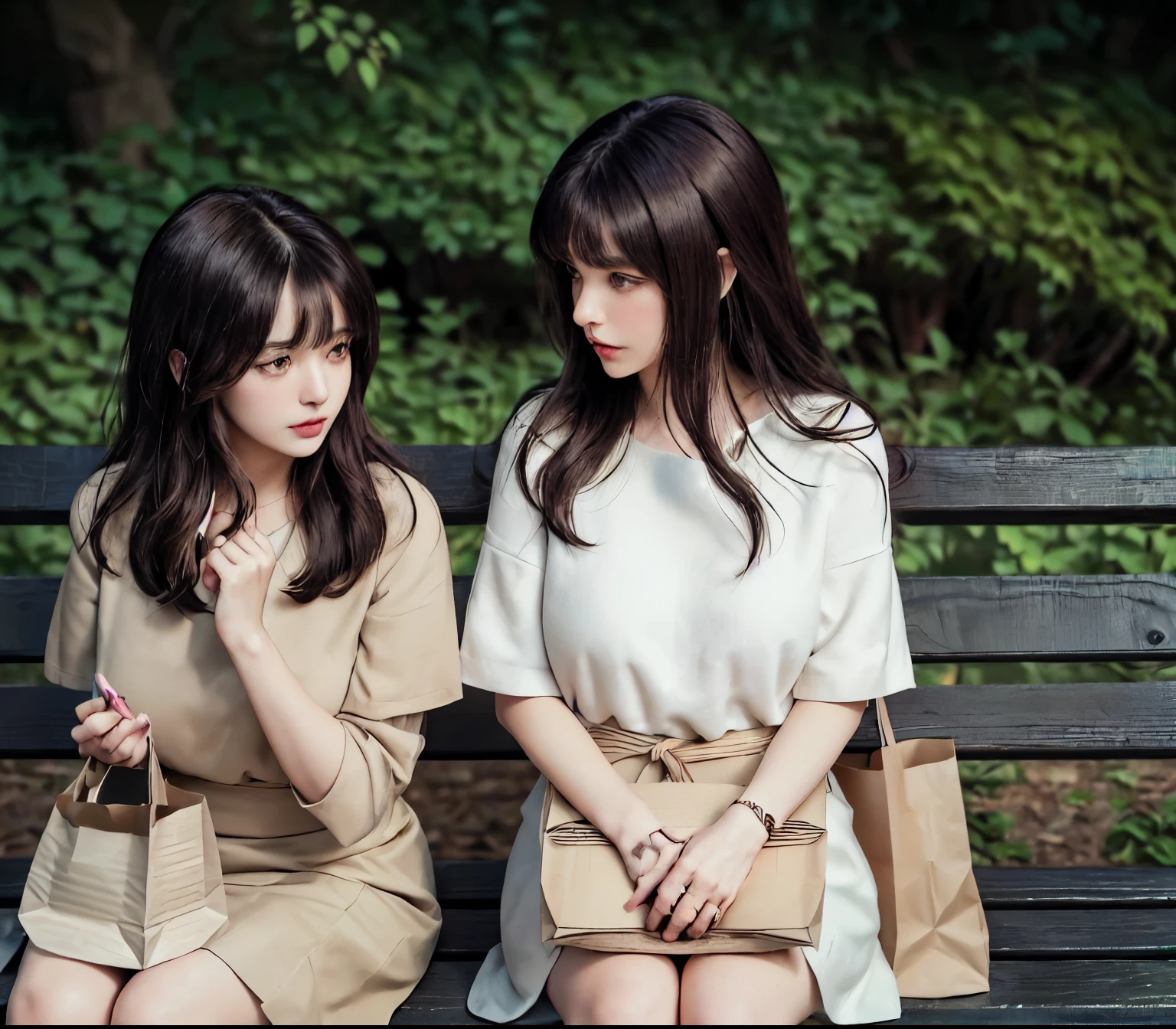 2lady, Sit on it (Bench end), (Office staff outfit) fashionable, Mature female, /(Brown hair/) Bangs, (Looking at the phone), (Masterpiece Best Quality:1.2) Exquisite illustrations with rich details, large breasts rest /(Black Hair/) Bangs, (Staring into the distance) rest ((Simple paper bag:1.2) Sitting in the middle of the bench) rest (Ordinary city park) outdoor, (green landscape), noon, Detailed background