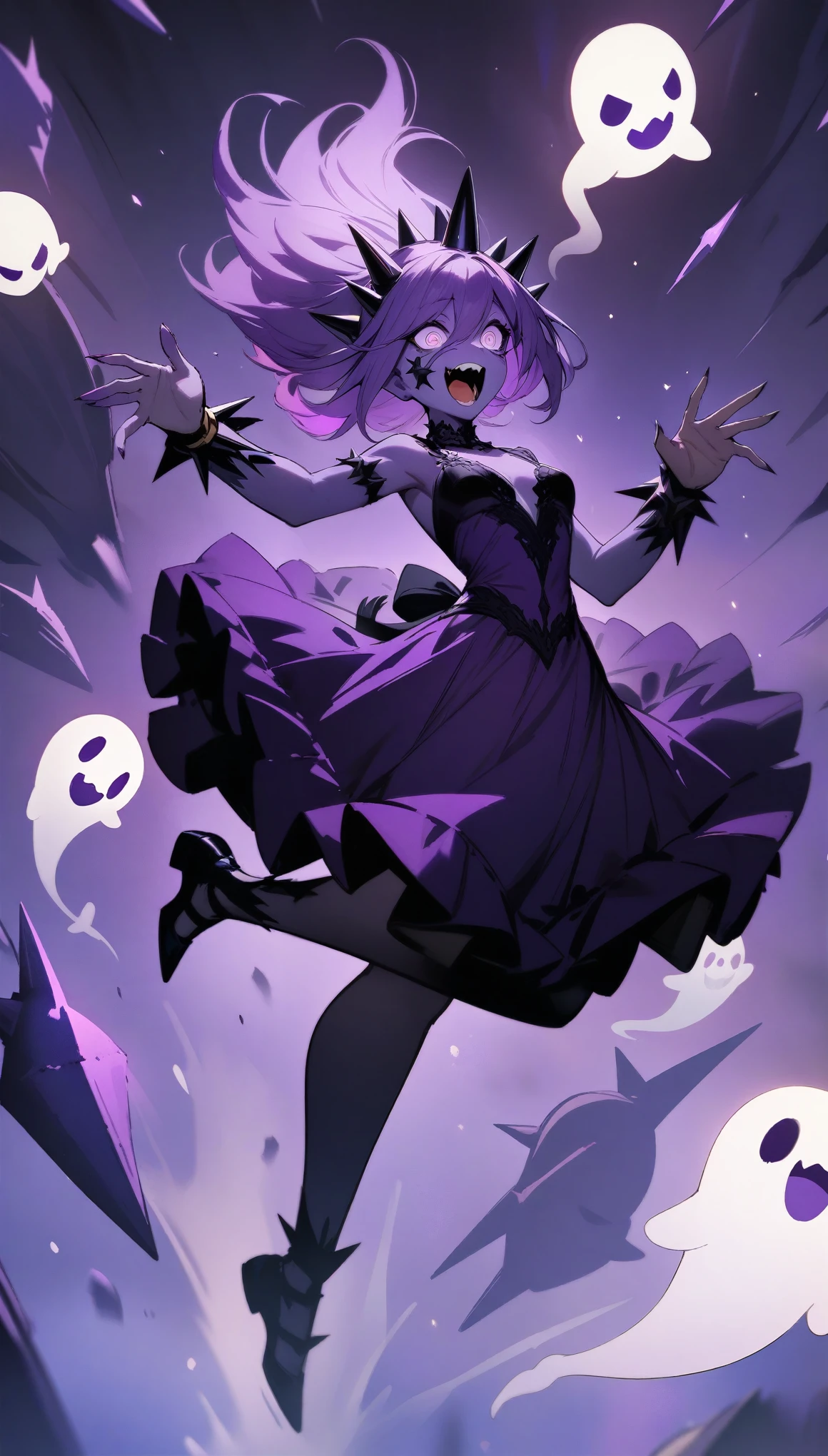 Ghost, (monster Girl), Purple skin, spike, Spiky purple hair, Caught Laughter, Floating Hand, Wearing a deep purple dress, Floating in the air, masterpiece, highest quality