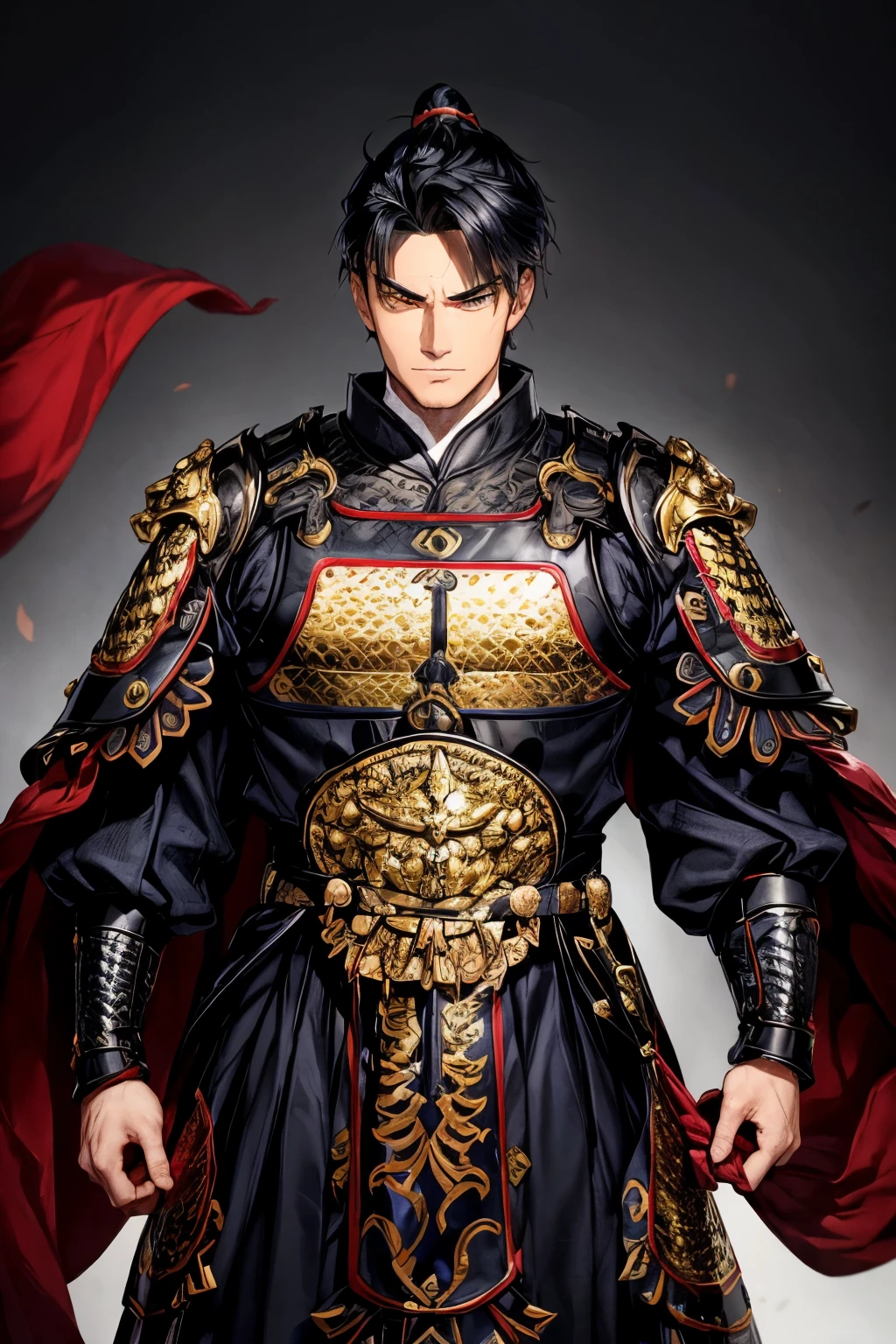 Dragon Fei, a sturdy and muscular male protagonist with a build that mirrors his bravery and strength as a general. His deep gaze and firm jawline portray his decisiveness and courage on the battlefield. In the heat of battle, Dragon Fei dons exquisite armor adorned with intricate dragon motifs, symbols of his noble status and bravery. The armor's metallic sheen highlights his strong physique, making him an imposing presence on the battlefield.

However, in his ordinary times, Dragon Fei prefers to wear simple yet elegant ancient official robes, predominantly dark in color. These robes exude a sense of composure and refinement