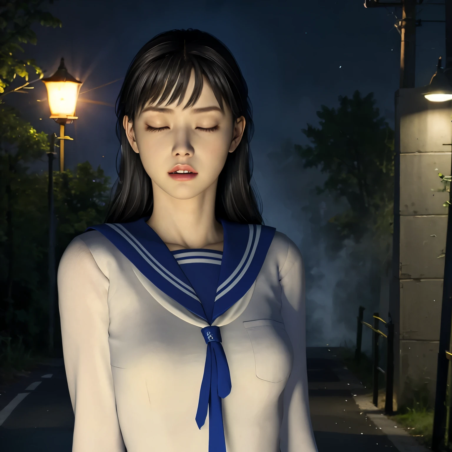 1 girl,alone,(whole body),(8k, highest quality, masterpiece:1.2), (Realistic, photo-Realistic:1.37), Very detailed,highest quality, Ultra-high resolution, Professional Lighting, Photon Mapping, Radio City, Physically Based Rendering, Cinema Lighting, midnight road,Written boundary depth, 25-year-old female、Frowning,fog、Frowning,Close ~ eyes、Close your eyes