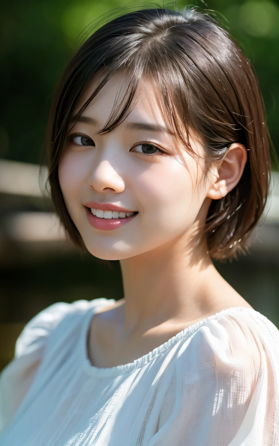 (Photorealistic:1.4), (Surreal:1.4), (Smooth lighting:1.05), 1 girl, Mouth closed, Laugh a little,  Pure beauty, 22 years ago, Soft lighting, Backlight, (Highest quality realistic skin texture), Narrow eyes, Very detailedな顔, Glowing Skin, retina, Anatomically correct, Acura, Very detailed, Rough skin, high quality, Advanced Details, 最high quality, High resolution,Morning forest with clear water flowing through it, Short hair swaying in the wind, bangs, blouse