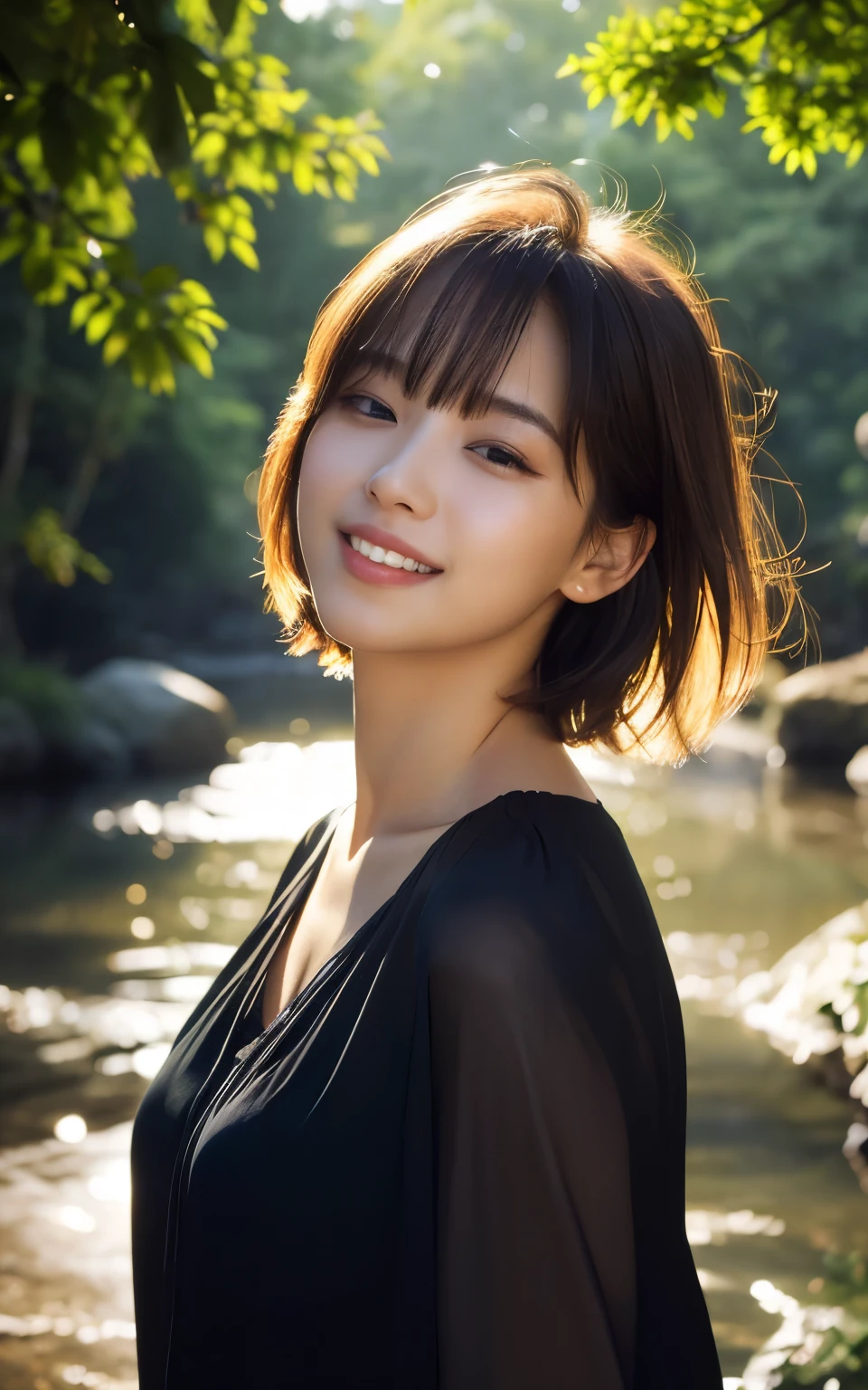 (Photorealistic:1.4), (Surreal:1.4), (Smooth lighting:1.05), 1 girl, Mouth closed, Laugh a little, Pure beauty, 22 years ago, Soft lighting, Backlight, (Highest quality realistic skin texture), Narrow eyes, Very detailedな顔, Glowing Skin, retina, Anatomically correct, Acura, Very detailed, Rough skin, high quality, Advanced Details, 最high quality, High resolution,Morning forest with clear water flowing through it, Short hair swaying in the wind, bangs, blouse