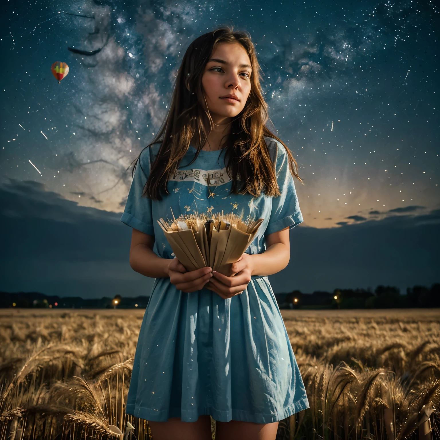 Paint a late twenties girl in Van Gogh style, standing in a wheat field under a starry night sky. Her face reflects a mix of determination and vulnerability as she releases a bundle of balloons into the air. Each balloon represents a burden she is letting go of—birthday cards, school photos, the weight of expectations. The swirling wheat and dynamic brushstrokes convey the movement of her emotions, while the starry sky symbolizes the vastness of possibility and freedom that awaits her.