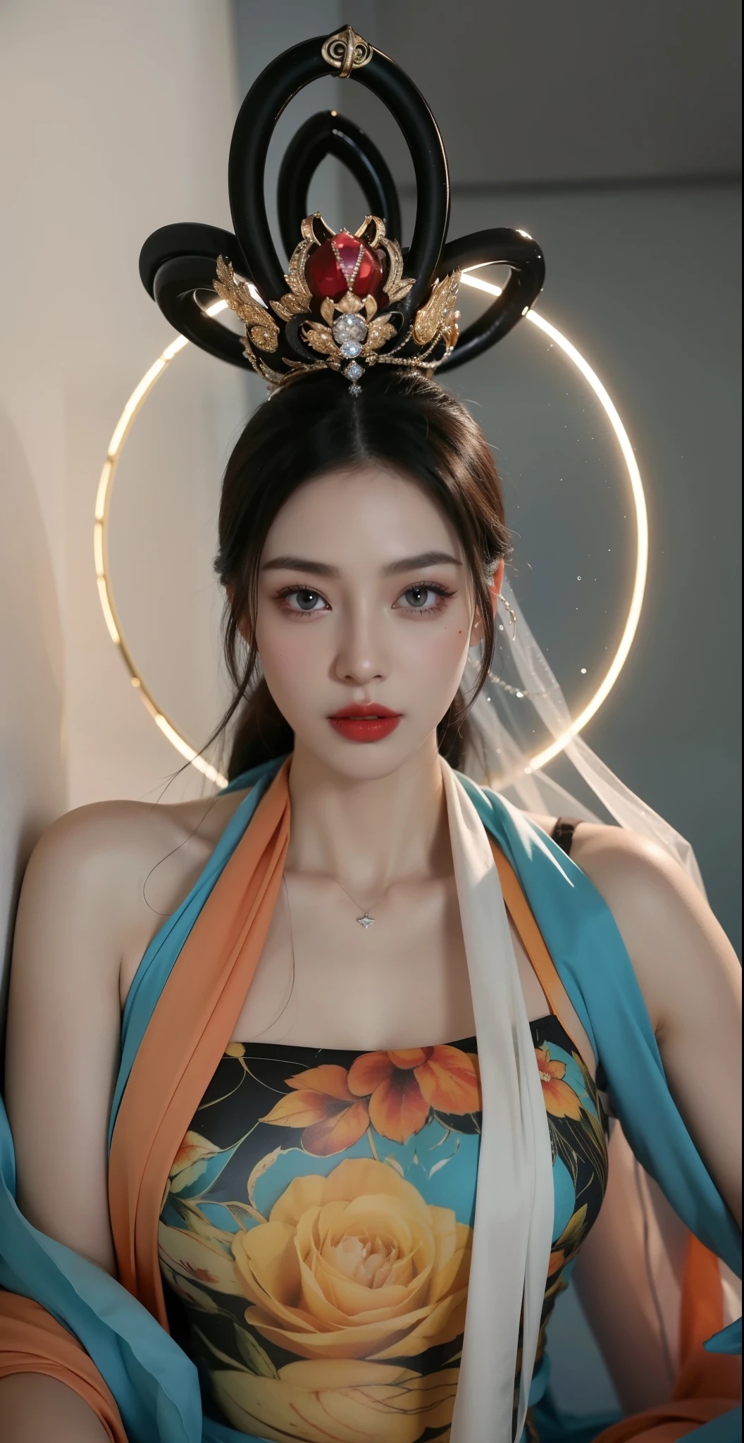 Super detailed, Delicate face, Photorealistic style, Movie stock photography shadow , Colorful, Surreal, Realistic textures, Dramatic Lighting, Thin Film Distiller 800 (8k, original photo, better quality, masterpiece: 1.2), Super detailed, (Extremely delicate skin: 1.2), 8k ultra high definition, SLR camera, Soft Light, high quality, Frozen queen,ice castle,Blue pupils,Apply red lipstick,Tattoo,Tattoo女神,带有Tattoo图案,Ultra-clear portrait,Apply lipstick,Wearing necklace jewelry,apply lipstick,Wear heavy makeup,The facial texture is very clear,