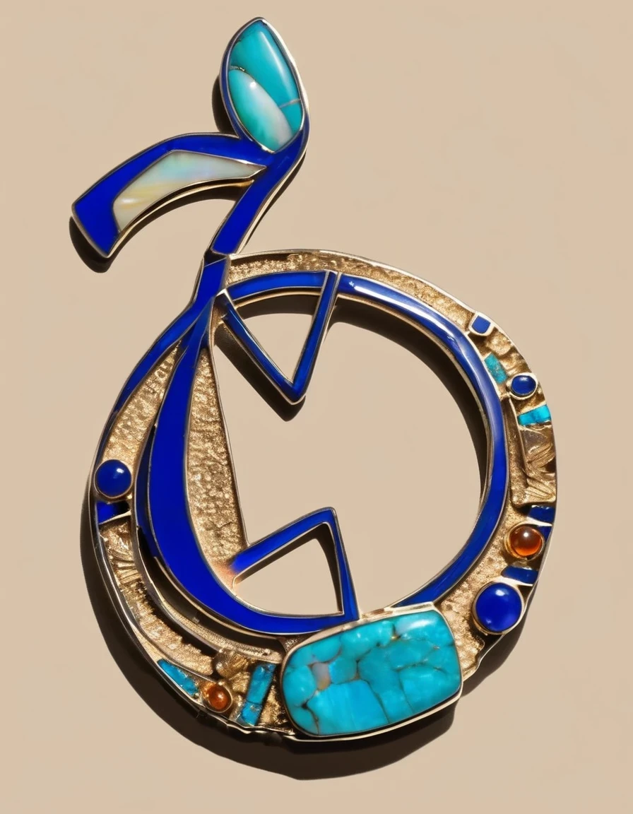 The minimalist ring design of the Indian totem god Kokopelli,Little man playing the flute,Line Art,Modern minimalist,The main stone is an irregular opal,Indian elements,The matching stones are small amounts of lapis lazuli and turquoise,Clams,bead,gem,Retro,feather,Old,Soft Light