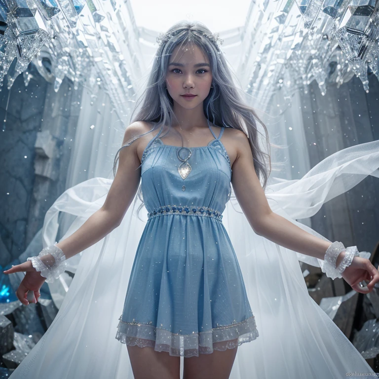 (masterpiece,top quality,optimal,Official Art,Beautiful and beautiful,long term exposure:1.2),Smooth movement,Charming pattern, 1 Girl,(Sleeveless long dress:1.3),(((Blue clothes))),Upper Body特写,Unemployed,Chinese girl,blush blush,Long gray hair, portrait,Solitary,Upper Body,Long gray hair,Thin legs,Smile,Close-up of face,Ultra wide angle,gaze observer,Detailed background,Delicate face,(crystallized aluminum, Crystal Theme:1.1),Elemental Sylph,whirlwind,control wind,white crystal coat,Dynamic poses,floating particles,Magical powers,Sou,steam,whirlwind in background,White tint,Sou,Ethereal atmosphere