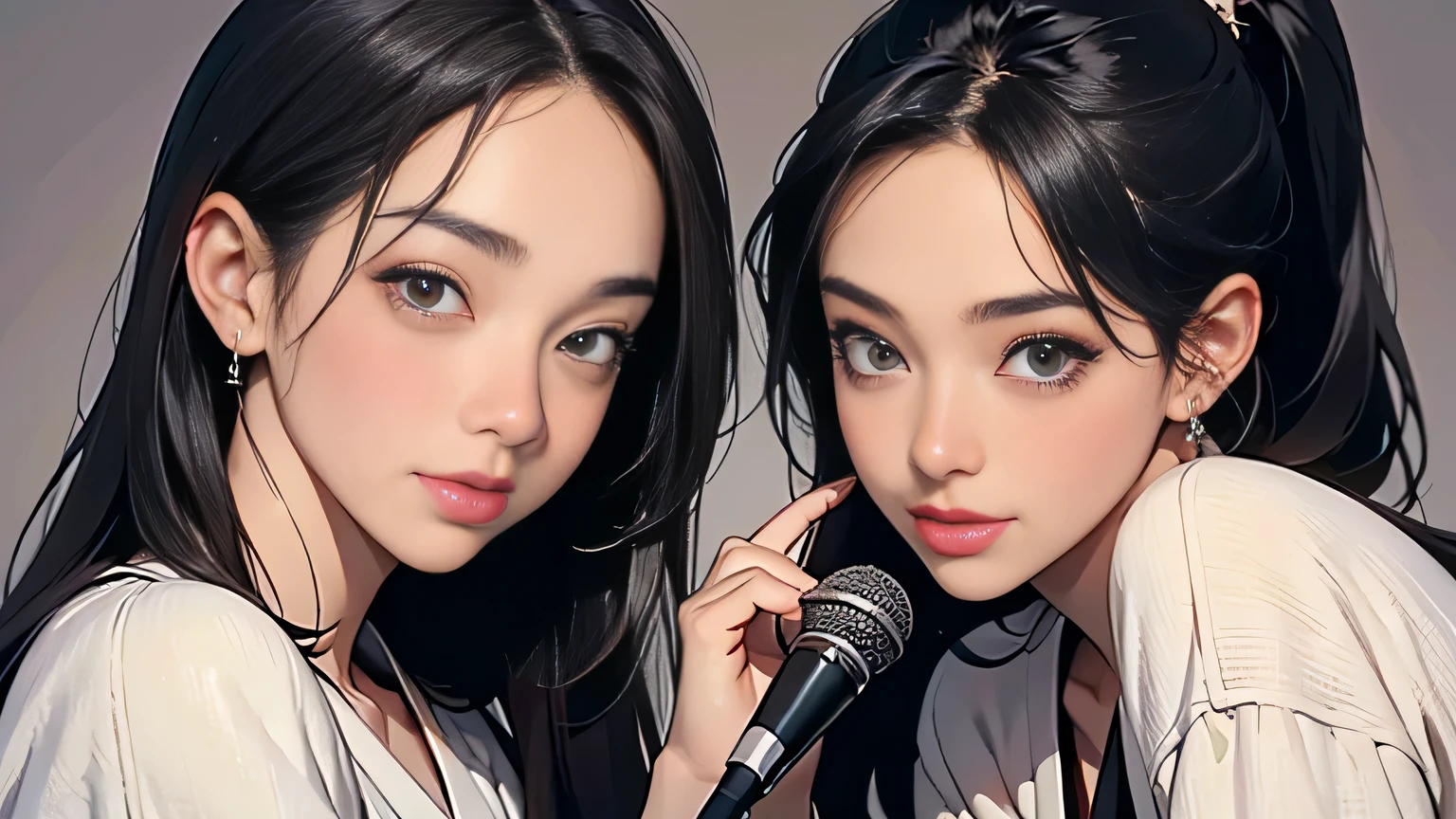 8k, highest quality, ultra-high resolution, Japanese, 2 women, 21 years old, one with a short cut and one with a ponytail, holding a microphone, accurately drawn faces, happily singing, their fashion is boyish (Masterpiece, High resolution, Detail), (Photorealistic: 1.4), (Famous Japanese actress: 1.2), Very beautiful, Cute, Professional photo, Very delicate and beautiful, Very very detailed, very detailed beautiful girl, very detailed face, very detailed eyes, very detailed skin, very detailed fingers, very detailed nose, very detailed mouth, perfect anatomy, realistic body, fair skin, Shiny skin, slender body, good figure, looks at viewer, smile, cute laughing face (black hair,, (surrealistic), (illustration), (high resolution), (8k), (highly detailed) ), (Best drawing), (Beautiful and big eyes), (Best quality), (Super detailed), (Masterpiece) Two girls are sitting next to each other, holding microphones and singing karaoke.,Which Also super cute, two types, anatomically correct, perfect proportions, accurate fingers, approach and intertwine fingers, sitting on the sofa in the karaoke box, masterpiece, high quality,