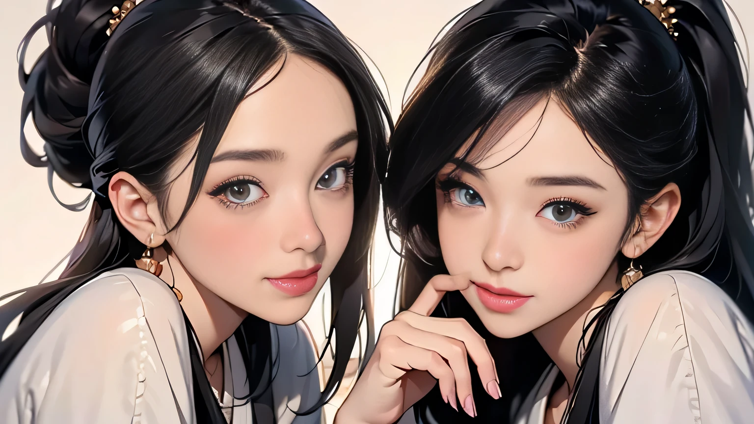 8k, highest quality, ultra-high resolution, Japanese, 2 women, 21 years old, one with a short cut and one with a ponytail, holding a microphone, accurately drawn faces, happily singing, their fashion is boyish (Masterpiece, High resolution, Detail), (Photorealistic: 1.4), (Famous Japanese actress: 1.2), Very beautiful, Cute, Professional photo, Very delicate and beautiful, Very very detailed, very detailed beautiful girl, very detailed face, very detailed eyes, very detailed skin, very detailed fingers, very detailed nose, very detailed mouth, perfect anatomy, realistic body, fair skin, Shiny skin, slender body, good figure, looks at viewer, smile, cute laughing face (black hair,, (surrealistic), (illustration), (high resolution), (8k), (highly detailed) ), (Best drawing), (Beautiful and big eyes), (Best quality), (Super detailed), (Masterpiece) Two girls are sitting next to each other, holding microphones and singing karaoke.,Which Also super cute, two types, anatomically correct, perfect proportions, accurate fingers, approach and intertwine fingers, sitting on the sofa in the karaoke box, masterpiece, high quality,