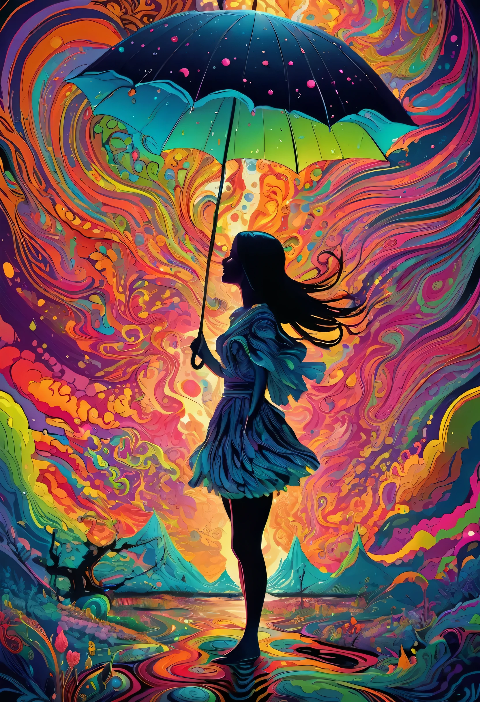Psychedelic Abstract Art, Beautiful girl holding an umbrella、move to the right、Startle, Melting, Vibrant colors, Pop art paintings inspired by Michael DeForge, Dan Mumford, tumbler, Psychedelic Art, Psychedelic Illustration, Psychedelic Acid Trip, Psychedelic journey, retro Psychedelic Illustration, Psychedelic Art style, Psychedelic Style, Surreal Psychedelic Design, LSD Trip, Psychedelic Fever Dream, Psychedelic LSD, Shamanistic horror LSD art, Psychotropic psychedelic