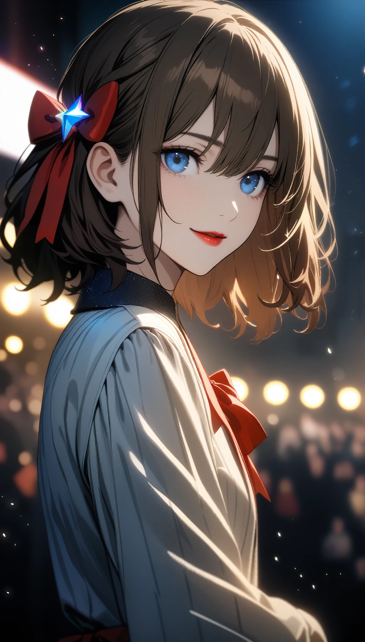 (Very delicate and beautiful: 1.2), One girl, bangs, blue eyes, Blur, Blur background, bow, Brown Hair, shut up, Side view, Hair between the eyes, hair bow, lanthanum, Particles of light, Long sleeve, Watch the audience, Medium Hair, night, red bow, alone, performer(symbol), Upper Body, smile, Red lips, 32k, best quality, ultra high res, HDR, UHD, extremely detailed CG, unity 32k wallpaper,
