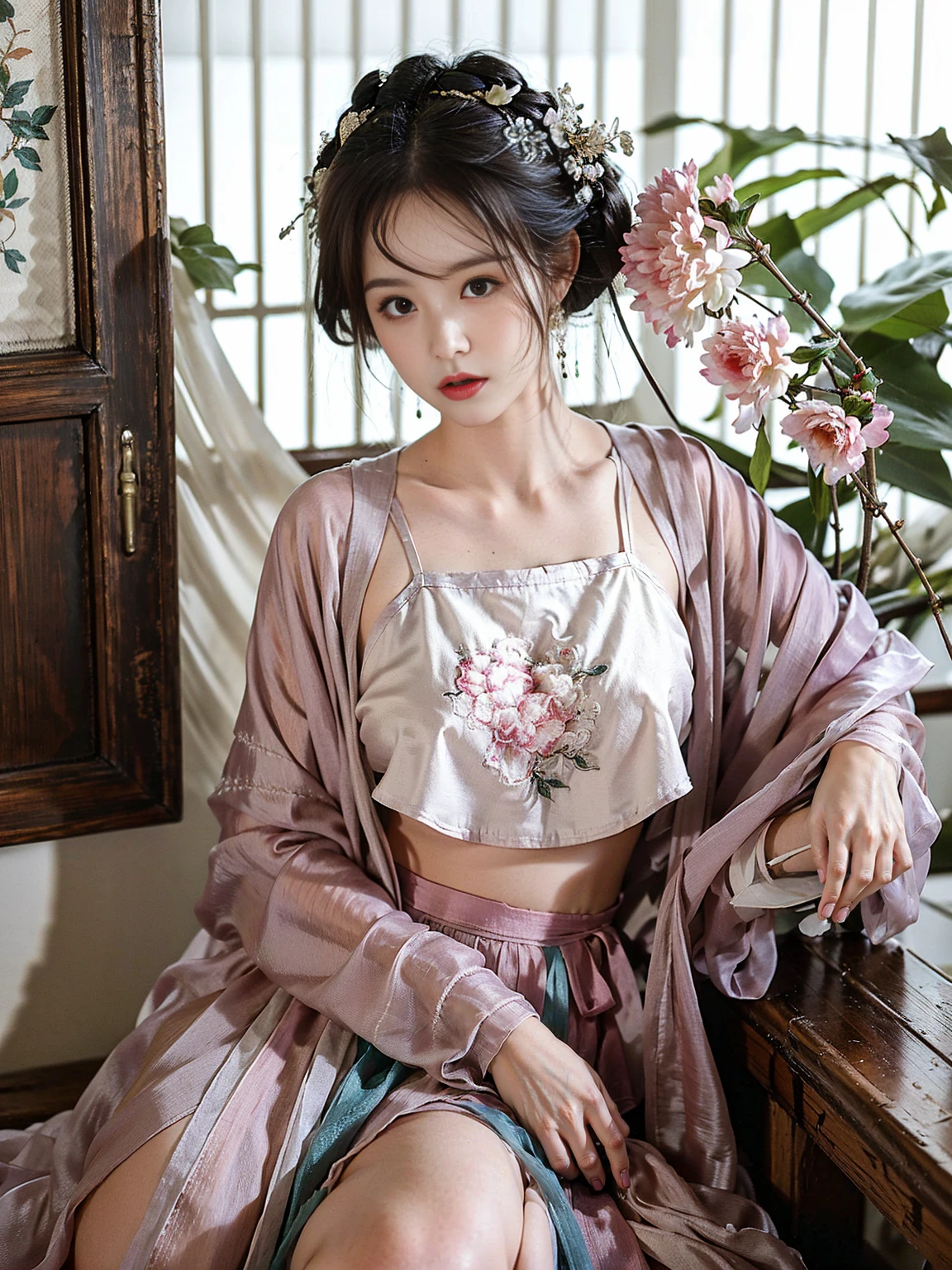 In a romantic setting，Natural light softly shines on a beautiful girl。Her skin glows，With charming eyes，Wearing richly decorated clothing，Beautiful floral pattern on it。There are peculiar details in the picture，From the shallow to the deep，Like a dream。It all seemed to be captured on film.，Presents 8k ultra-high resolution，The colors use a dreamy and soft palette，A masterpiece，Show the best quality and ultra-detailed effects。